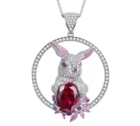 10*14MM Oval Cut Ruby Gemstone Rabbit 925 Sterling Silver Pendant Necklace