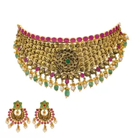 22K Antique Gold Choker Set with Gemstones & Pearls (92.2 grams)