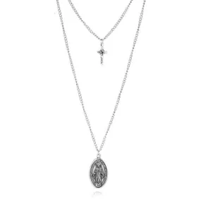 Cross and Mary Pendant on 2-Layer Chain Link Necklace