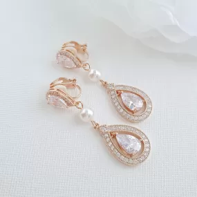 CZ Clip On Bridal Earrings in Rose Gold - Sarah