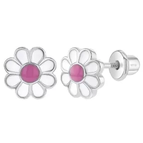 Delightful Daisy Sterling Silver Baby Children Screw Back Earrings