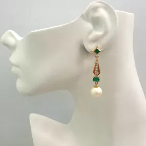 Green Agate and White Topaz Stud White Topaz, Green Agate and South Sea Pearl Detachable Twinset Earrings