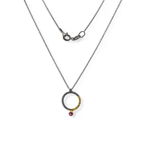 Handmade Black Plated Silver Necklace Little Circle With Red Zircon