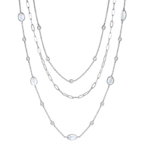 Layered Multi Strand Moonstone Necklaces With White Sapphire