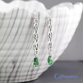 Long Silver Celtic Dangle Earrings with Green Crystals | Moonkist Designs