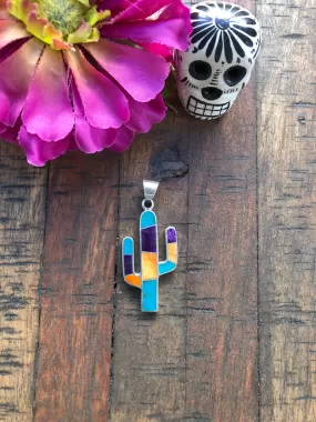 Small Multi Stone Inlay Cactus Pendant